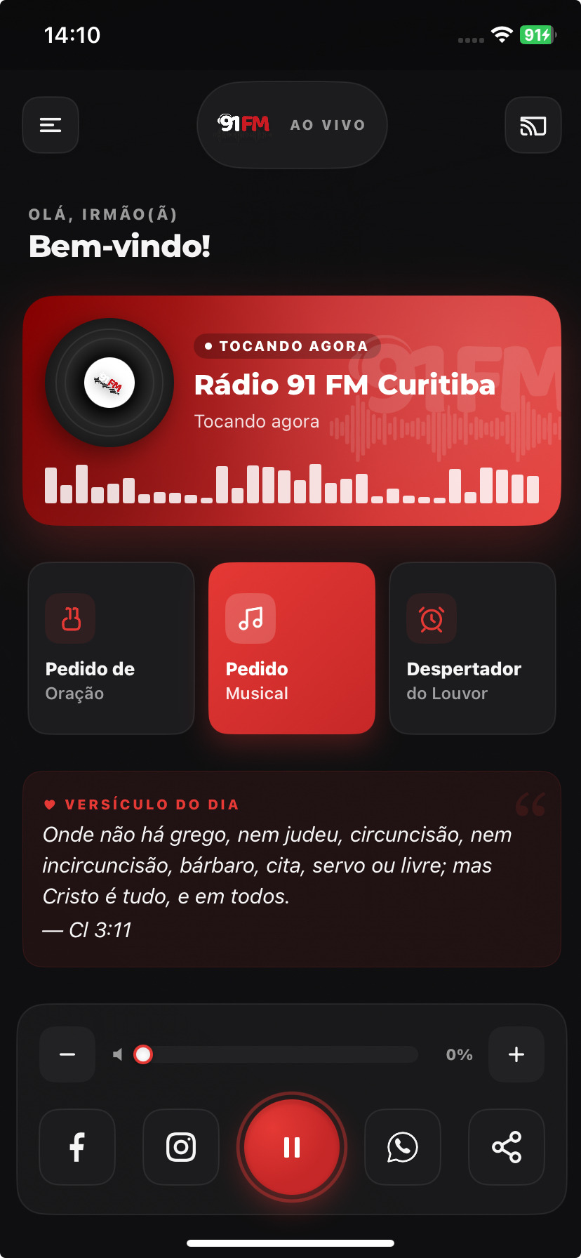 Tela do aplicativo 91FM Curitiba