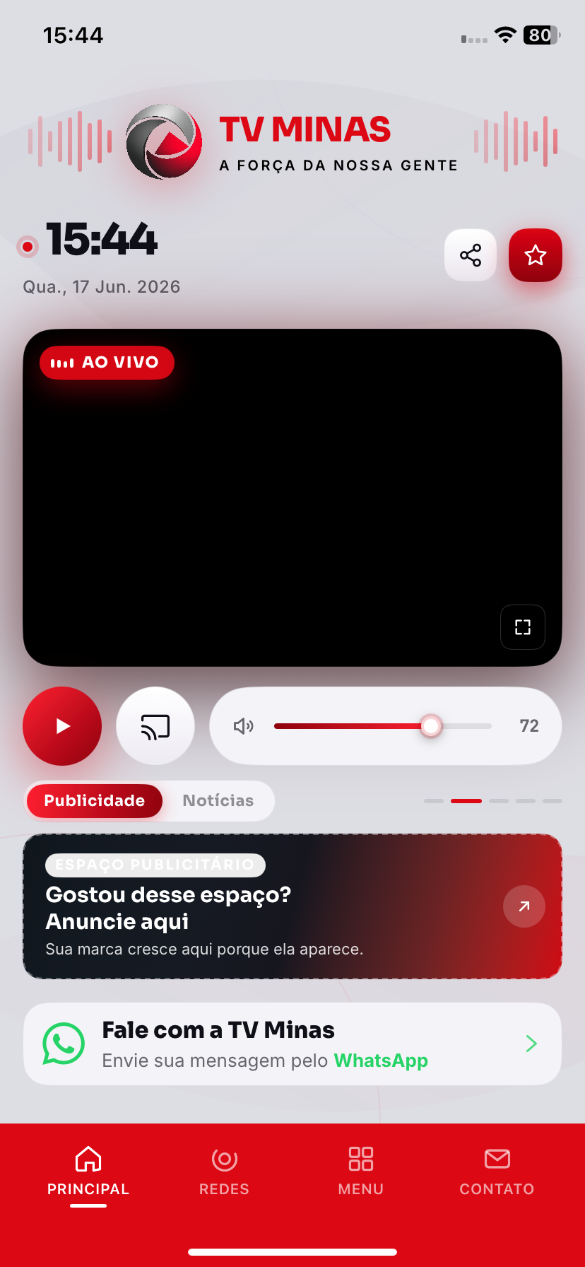 Tela do aplicativo TV Minas